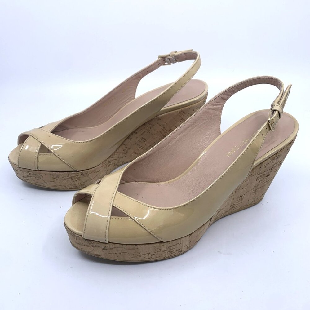 Stuart Weitzman Beige Patent Leather Cork Wedge Slingbacks